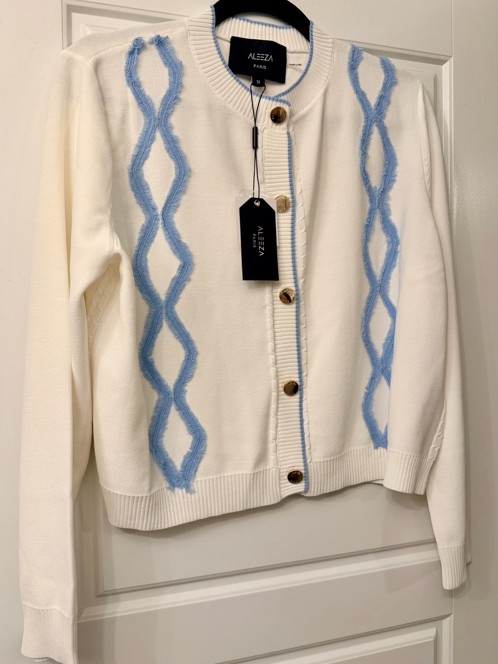 Aleeza Paris Cardigan with Light Blue Cable Detail - Fits an XL